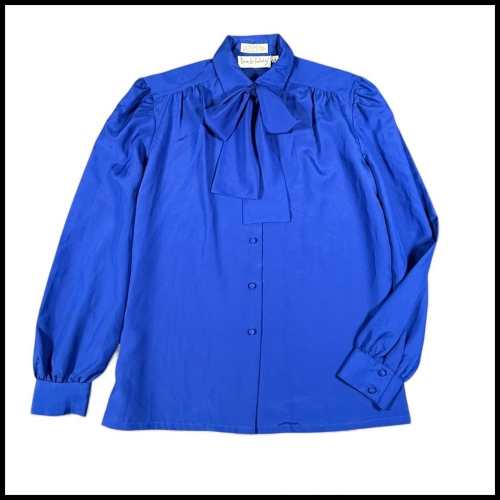 Diane Von Furstenberg Vintage Tie Neck Blouse Cobalt Blue 80s Retro Twee Women 8